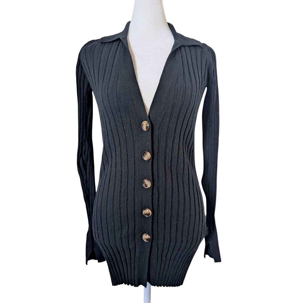 Maria Cher Black Rib Knit Cotton Cashmere Button Down Cardigan Small